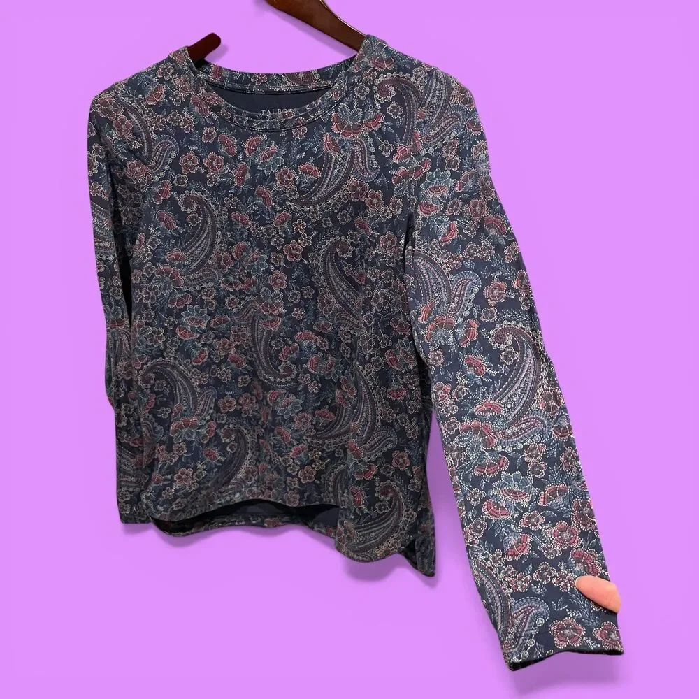 Cute cotton stretch Talbots navy floral paisley swirl long sleeve crew neck top - Picture 2 of 9